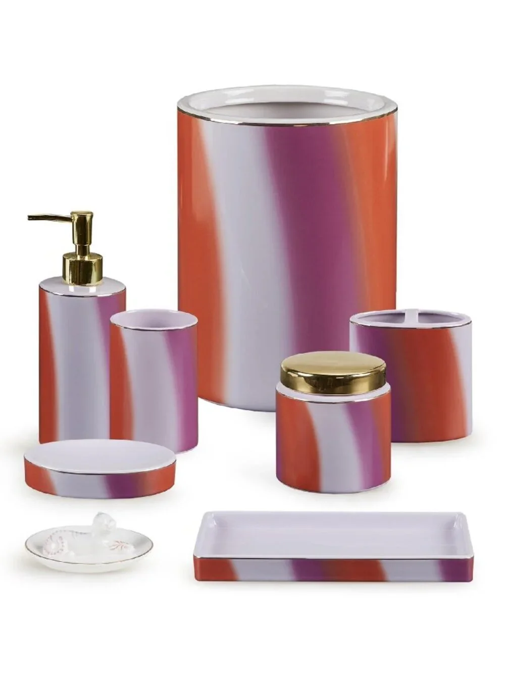 new CERAMIC Wild Sage Tiger Wash Stripe LOTION DISPENSER + Cassidy Round TRAYs